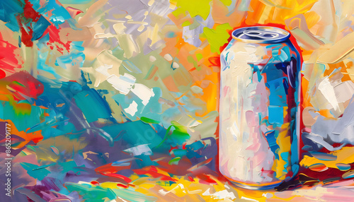 A vibrant illustration of an oil painting feauturing a white soda can photo