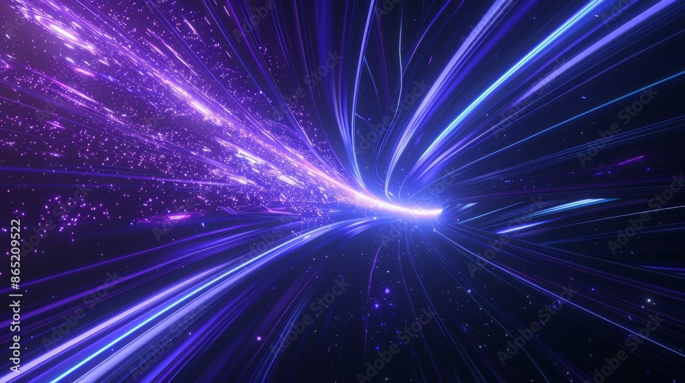 Fototapeta premium Dynamic Blue Curves and Radiant Asteroids in Infinite Space, Ethereal Atmosphere with hd Octane Rendered Lines, Abstract Art