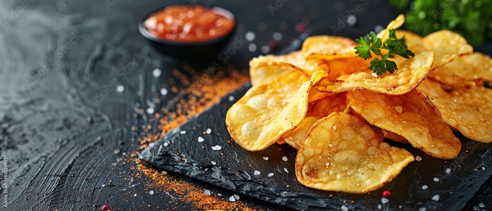 Freshly made potato crisps with seasoning on a black stone plate Freshly made potato crisps with seasoning on a black stone plate