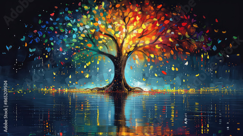 Fototapeta Naklejka Na Ścianę i Meble -  Elegant colorful tree with vibrant leaves hanging branches illustration background. Bright color 3d abstraction wallpaper for interior mural painting wall art decor. Ai