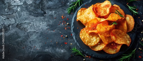 Freshly made potato crisps with seasoning on a black stone plate