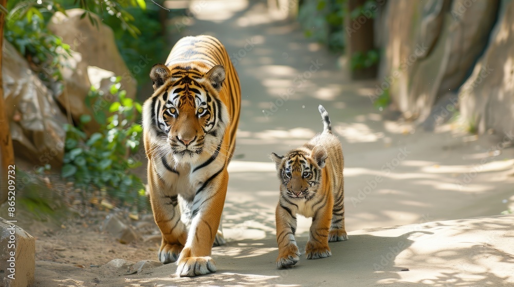 Fototapeta premium A large tiger and its cub walk together on a rocky path in the daylight