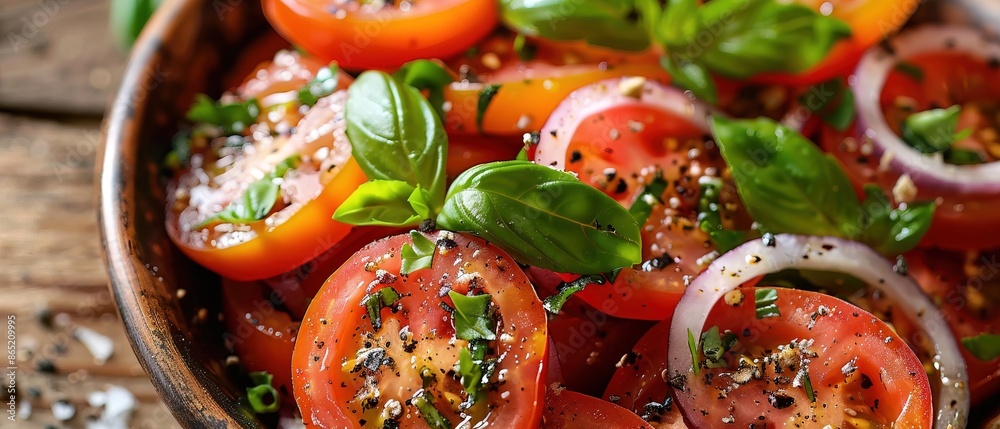 A fresh tomato salad with basil, onions and seasoning A fresh tomato salad with basil, onions and seasoning