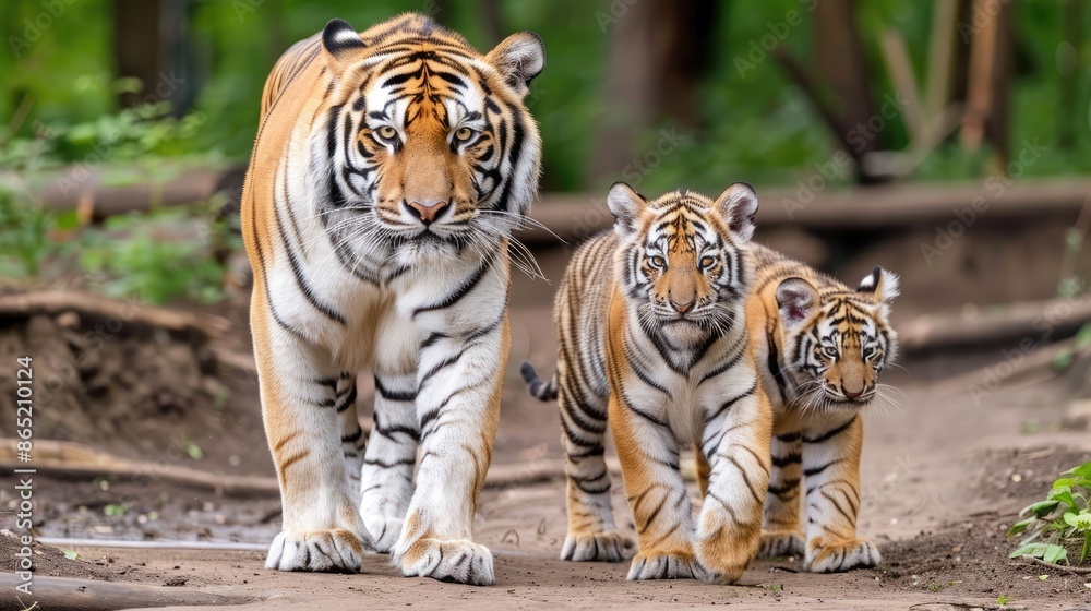 A large tiger and its cub walk together on a rocky path in the daylight A large tiger and its cub walk together on a rocky path in the daylight