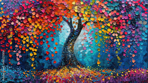 Fototapeta Naklejka Na Ścianę i Meble -  Elegant colorful tree with vibrant leaves hanging branches illustration background. Bright color 3d abstraction wallpaper for interior mural painting wall art decor. Ai