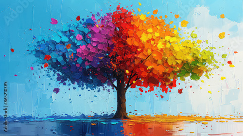 Fototapeta Naklejka Na Ścianę i Meble -  Elegant colorful tree with vibrant leaves hanging branches illustration background. Bright color 3d abstraction wallpaper for interior mural painting wall art decor. Ai