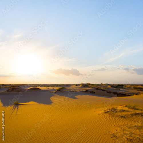 wide sandy desert at the sunset