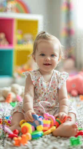 Cute little baby girl sitting in toy room