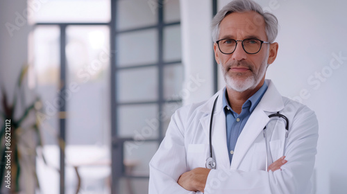 Senior Male Doctor in White Coat with Stethoscope in Bright Medical Clinic