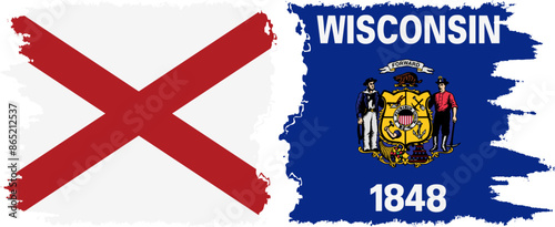 Wisconsin and Alabama states grunge brush flags connection vector
