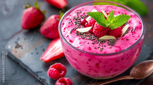 A vibrant pink smoothie topped with a fresh strawberry and chia seeds is surrounded by cut dragon fruit, strawberries, and pomegranate seeds on a dark background. The bright colors and fresh ingredien