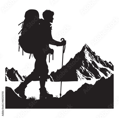 Hiker silhouette of a trekking Hiker vector on isolated white background.