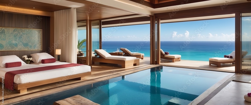 Fototapeta premium Luxurious hotel suite with a private pool, oceanview, and modern decor Ideal for a relaxing vacation or tropical getaway