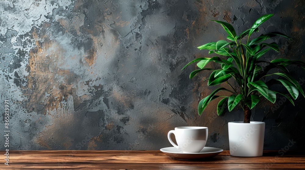 Dark gray textured wall and a wooden surface with a potted green plant, minimal style mock up with copy space. Living room Dark gray textured wall and a wooden surface with a potted green plant, minimal style mock up with copy space. Living room