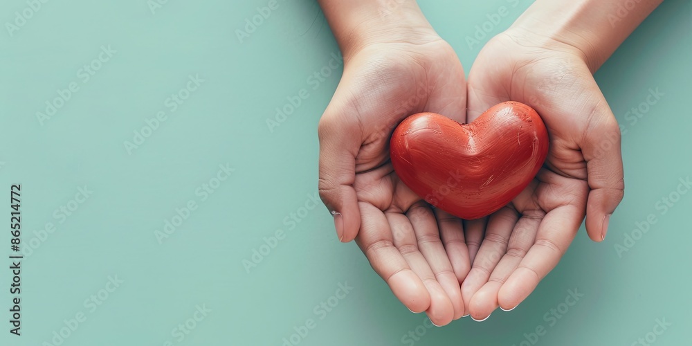 Fototapeta premium Two hands holding a red heart, representing love, care, donation, and health.