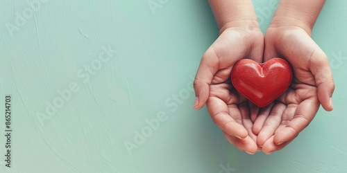 Giving love and support. Hands holding a red heart, representing health, care, organ donation and charity concepts.