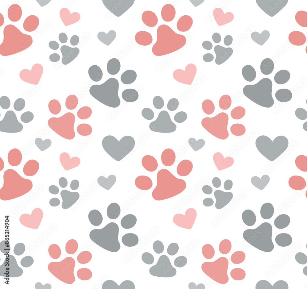 Seamless pattern with paws and hearts. Vector cute background in flat style