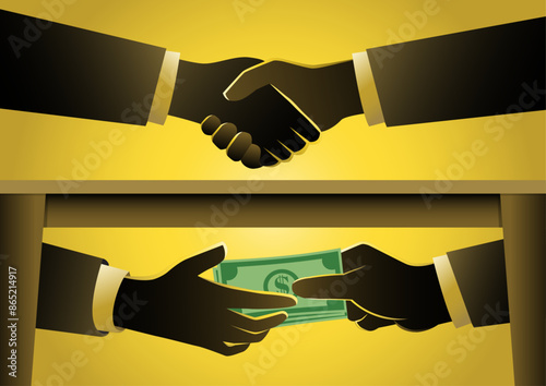 Two businessmen shaking hand and taking bribe
