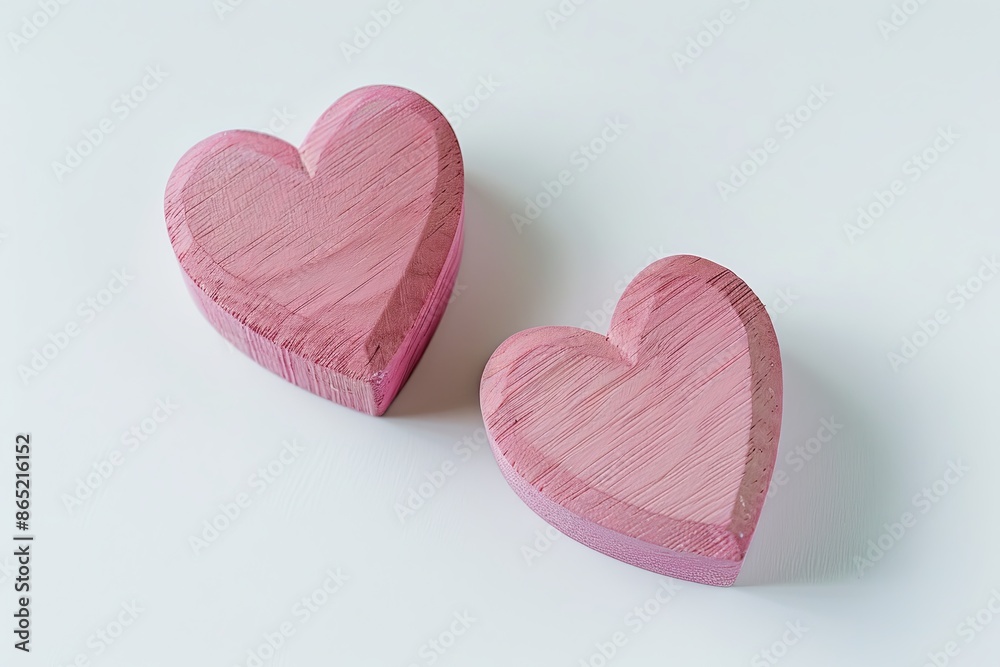 Two pink wooden hearts on white background. Concept of love, romance, Valentine's Day, decoration, and handmade gifts. Two pink wooden hearts on white background. Concept of love, romance, Valentine's Day, decoration, and handmade gifts.