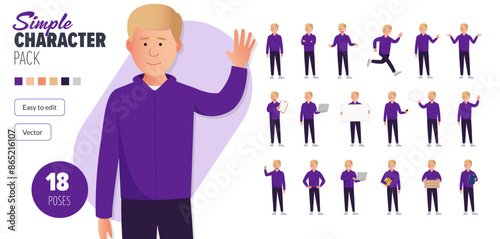 Simple flat male vector character in a set of multiple poses. Easy to edit and isolated on a white background. Modern trendy style character mega pack with lots of poses.