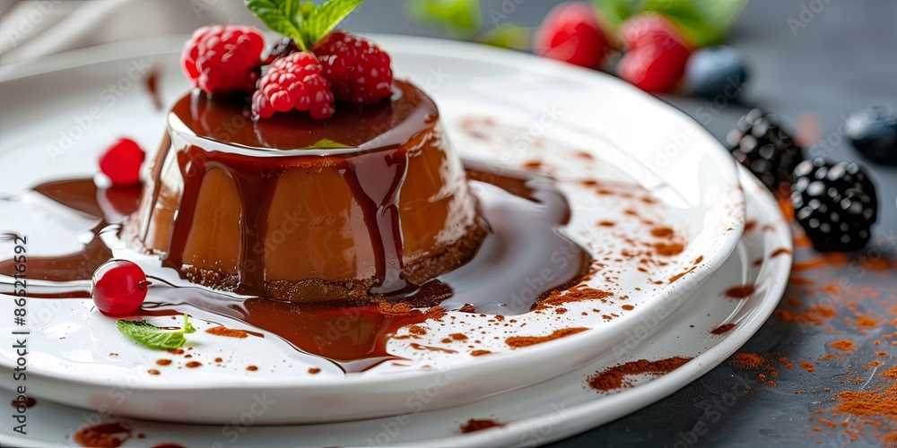 Chocolate mousse dessert with chocolate sauce and fresh berries. Delicious and decadent dessert for Valentine's Day, anniversaries or romantic dinner. Chocolate mousse dessert with chocolate sauce and fresh berries. Delicious and decadent dessert for Valentine's Day, anniversaries or romantic dinner.