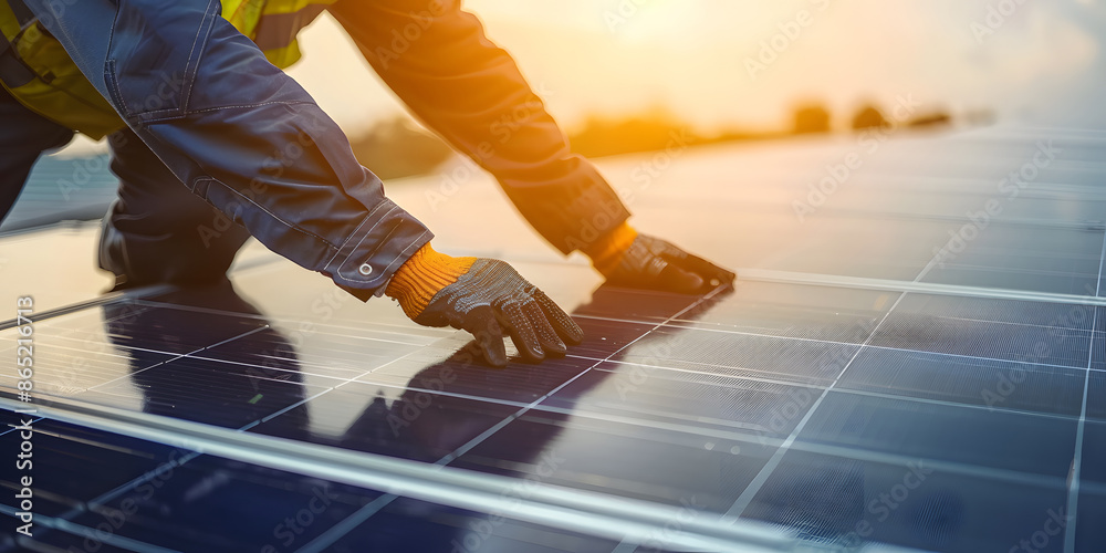 Solar panels being installed on a rooftop to capture the sun's energy for clean electricity Solar panels being installed on a rooftop to capture the sun's energy for clean electricity