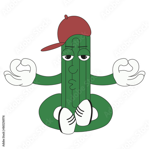 Yogi cactus isolated white background. Chill out mexican cacti. Flat style Mexica national plant. Simple vector illustration. Editable stroke. EPS 10