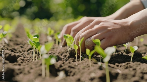 Nurturing Growth: Hands Planting Seedlings in Fertile Soil