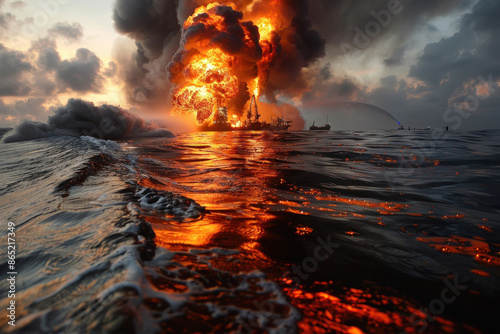 Lava pouring into the sea photo