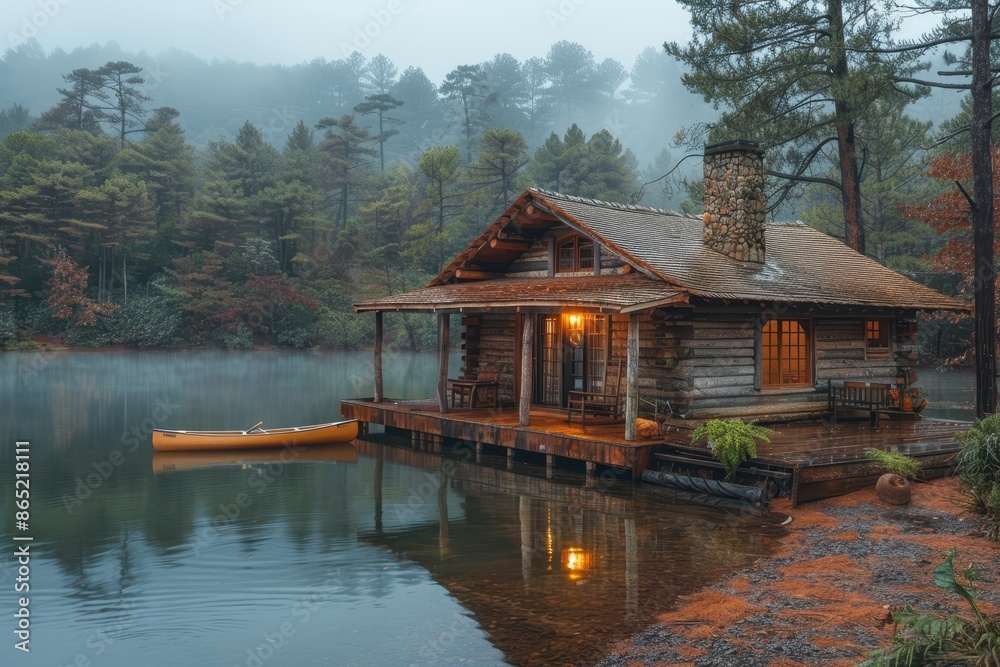 A rustic cabin by a lake, with a small pier, a canoe, and pine trees surrounding the area. A rustic cabin by a lake, with a small pier, a canoe, and pine trees surrounding the area.