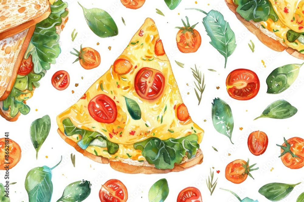 Watercolor illustration of pizza slices with fresh tomato and basil toppings, creating a vibrant and appetizing pattern. Watercolor illustration of pizza slices with fresh tomato and basil toppings, creating a vibrant and appetizing pattern.