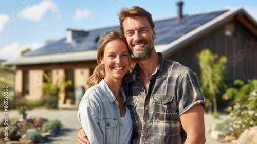 happy couple at solarpowered home sustainable living renewable energy installation smiling homeowners in driveway ecofriendly residential property clean technology adoption