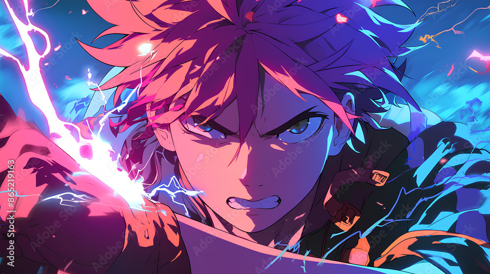 Naklejka premium electric powered anime boy japanese style cloudy smoke background