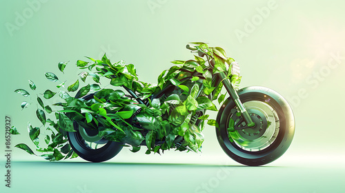 Leafy Scooter: Eco-Friendly Concept with Flying leaves on Light Green Background - Motorcycle on green background