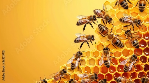 honeybee hive closeup of busy bees working on golden honeycomb empty space for text concept illustration