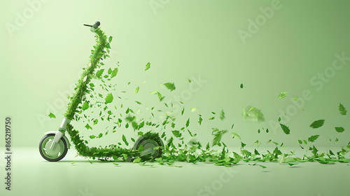 Leafy Scooter: Eco-Friendly Concept with Flying leaves on Light Green Background. 