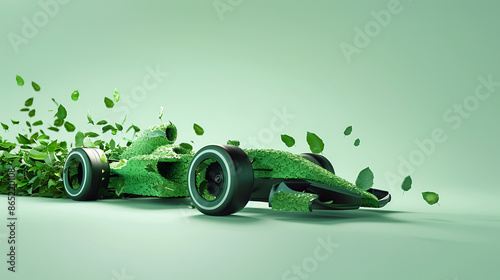 Eco-Friendly Formula Racing Car: Leafy Race Concept on Light Green Background.