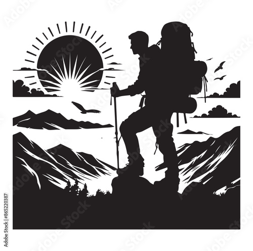 Hiker silhouette of a trekking Hiker vector on isolated white background.