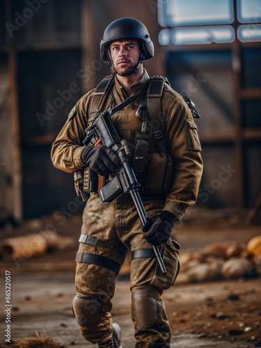 Soldier in full combat gear holding rifle