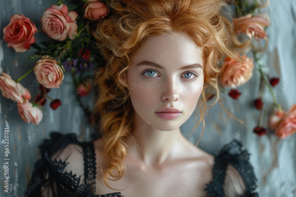 A serene woman with red hair lays in repose surrounded by flowers, exuding a sense of calm and ethereal beauty, captured in a high-resolution artistic portrait. A serene woman with red hair lays in repose surrounded by flowers, exuding a sense of calm and ethereal beauty, captured in a high-resolution artistic portrait.