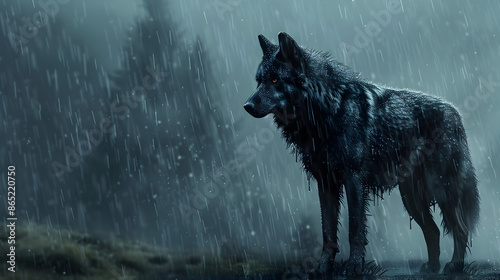 A black wolf in forest the wild life with raining season in the background
 photo