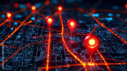 A digital map with red glowing points scattered throughout. photo