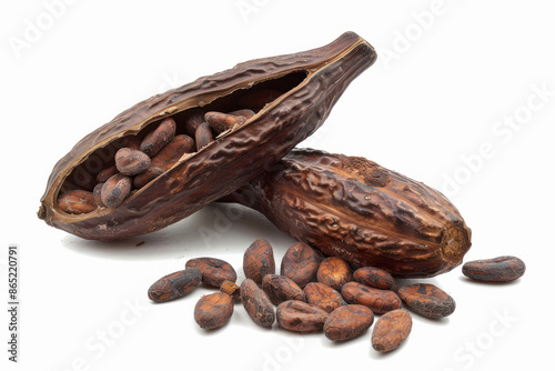 Dried cocoa beans and pod on white background