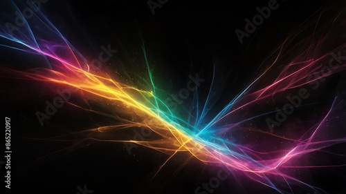 Beautiful colorful lights design in randoms ways and shapes in a black dark background, rainbow color rays of light background futuristic wallpaper