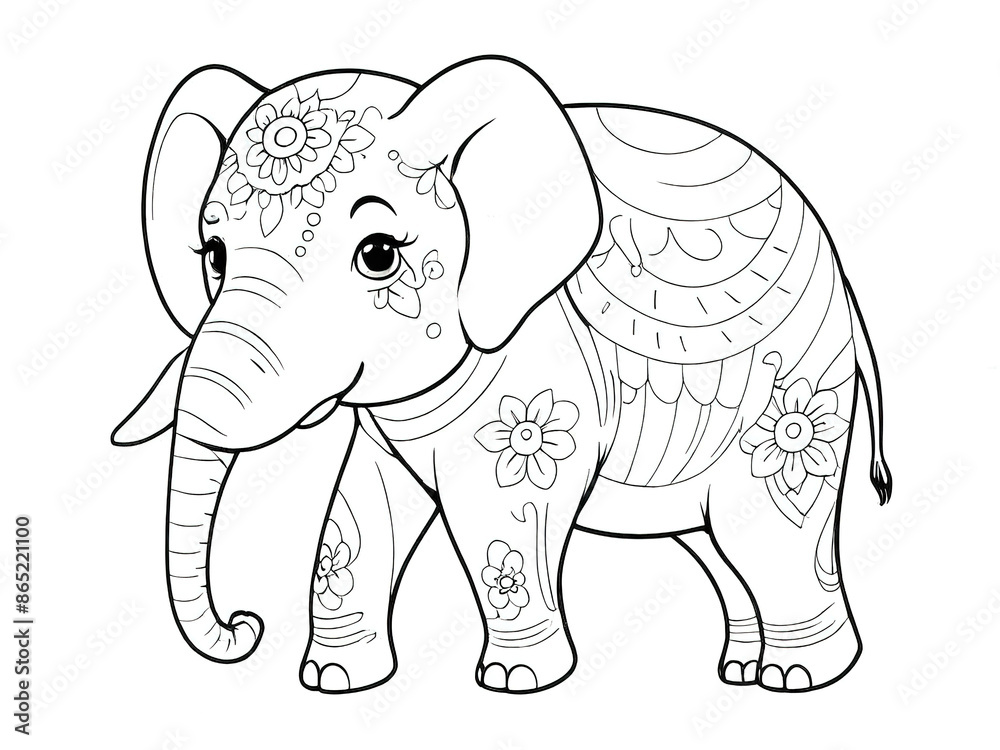 Naklejka premium Flower pattern elephant coloring book. Vector white background