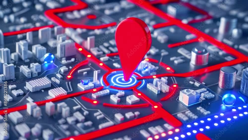 A red map pin is shown in the center of a map of a city with blue and ...
