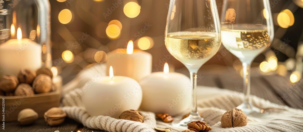 White wine, nuts, and candles create a warm ambiance for a relaxing evening at home White wine, nuts, and candles create a warm ambiance for a relaxing evening at home