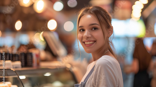 Smiling, young and attractive saleswoman, cashier serving customers