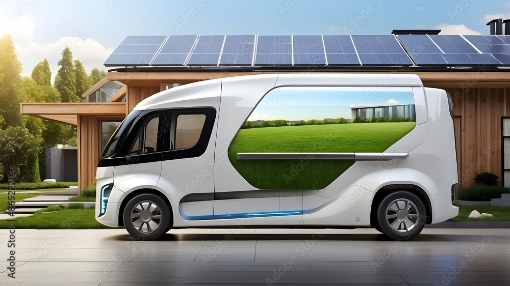 electric truck vehicle with clean energy and a futuristic automotive design featuring a residential residence powered by solar panels for environmental ideas displayed as a broad banner