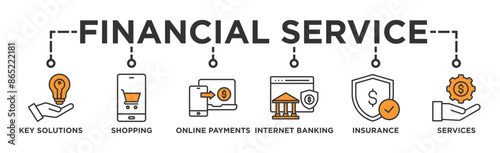 Financial service banner web icon vector illustration concept with icon of key solutions, shopping, online payments, internet banking, insurance and services